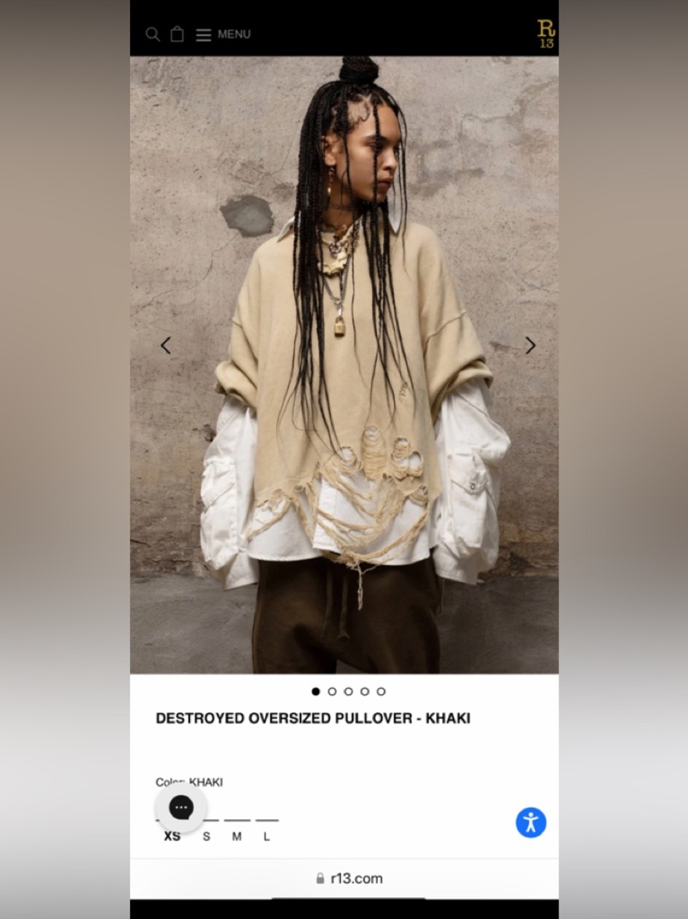 R13 Khaki Distressed Layered Pullover